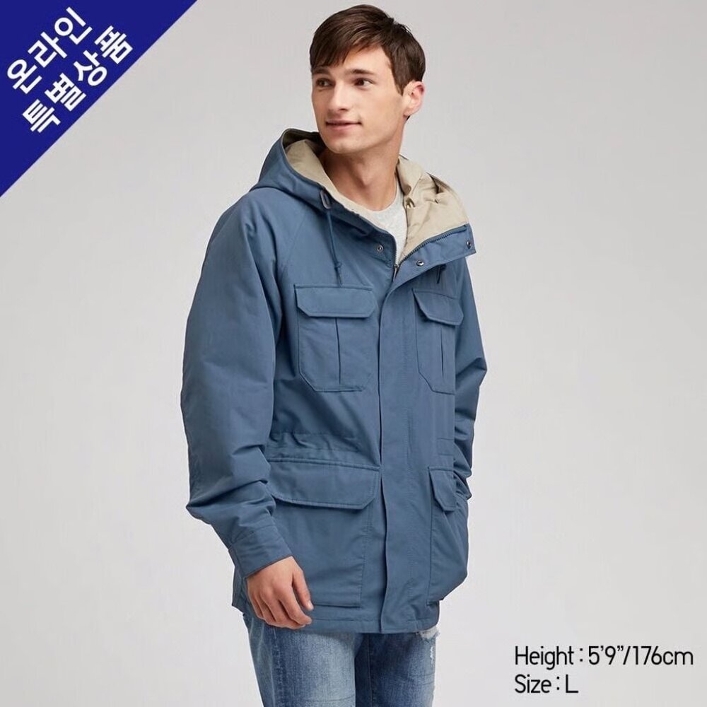 UNIQLO Utility Rain Parka Jacket – Blue, Lined Hooded Coat – Excellent Condition